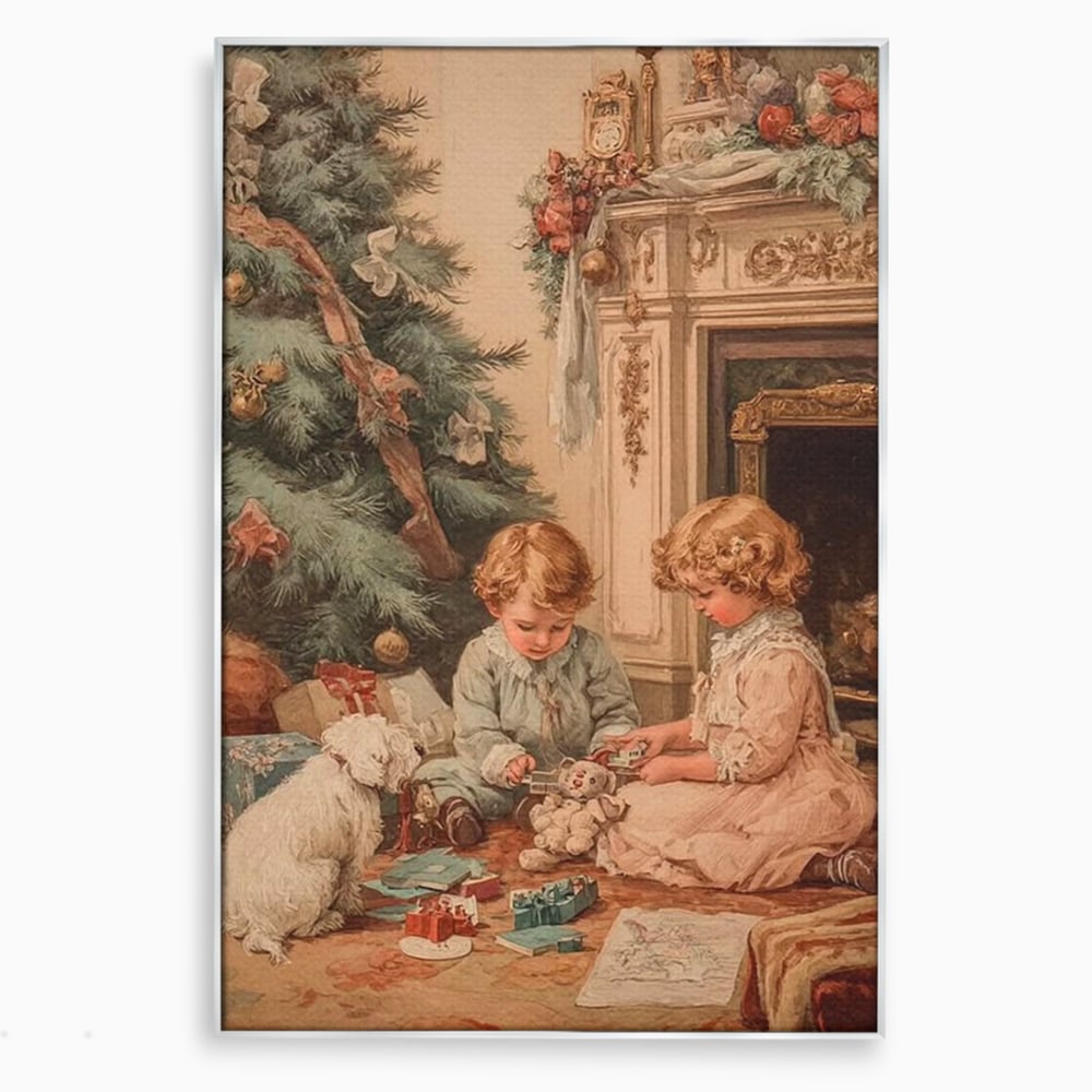 Tablou canvas cu ilustratie vintage cu copii langa bradul de craciun, in rama de aluminiu argintiu